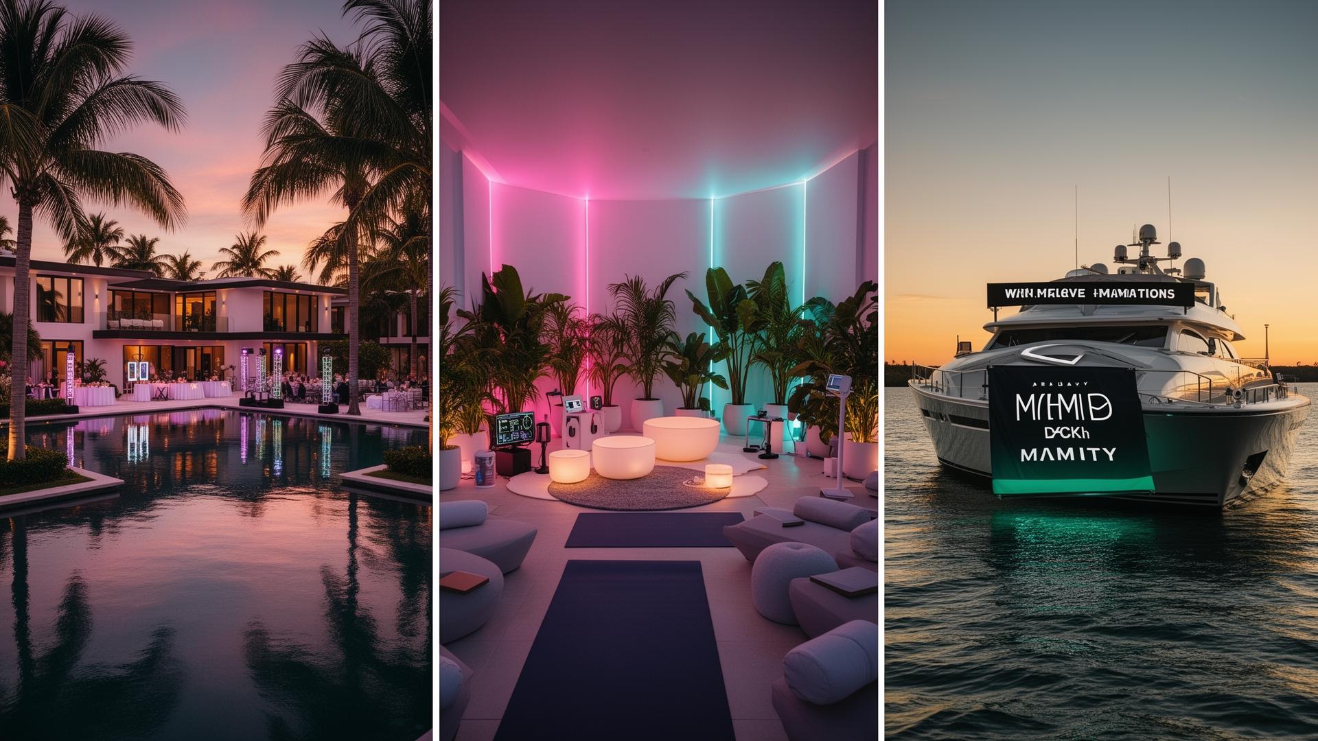 Three Miami venue options for a branded event: mansion, wellness space, and yacht