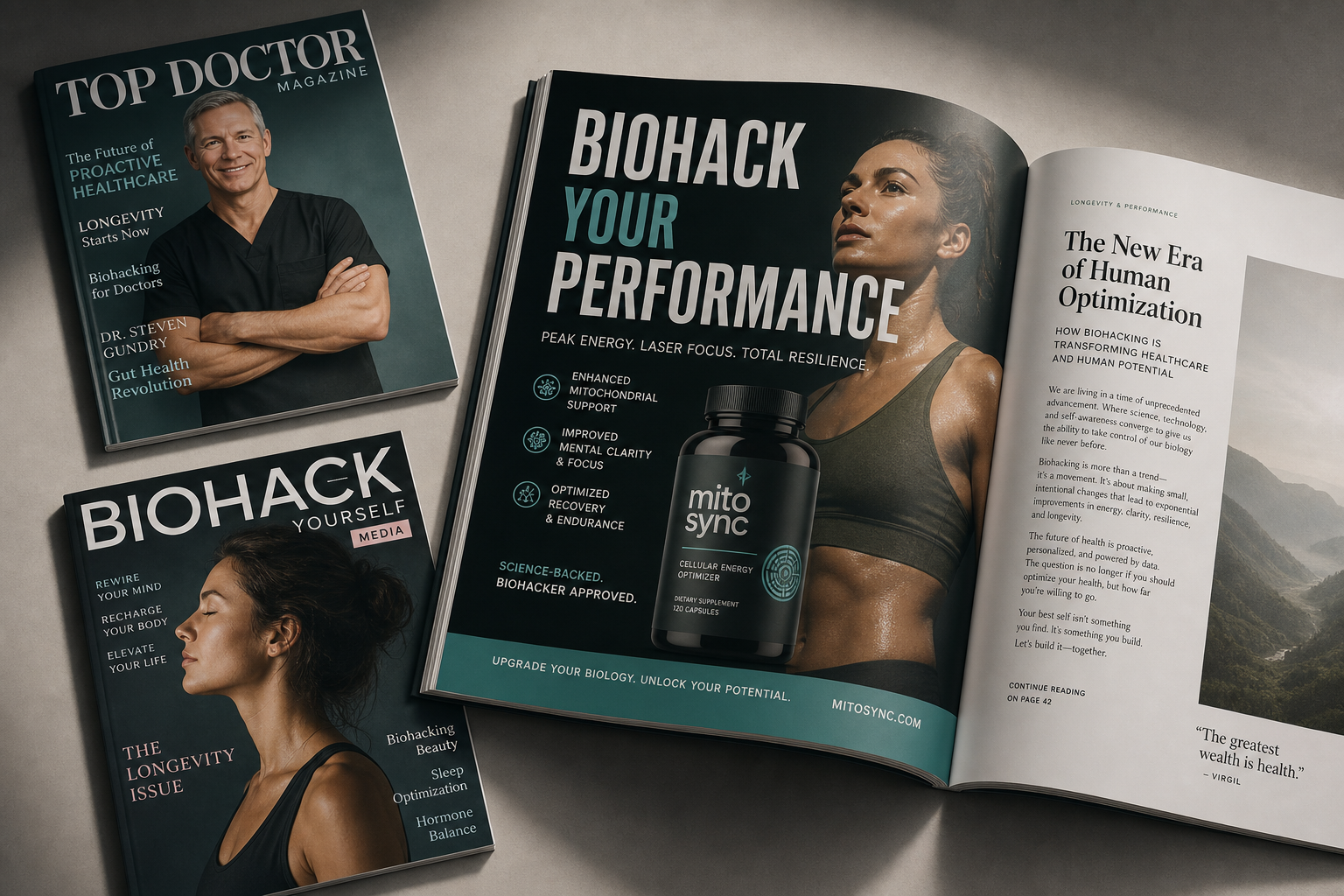 Editorial ad placements in Biohack Yourself Media and Top Doctor Magazine