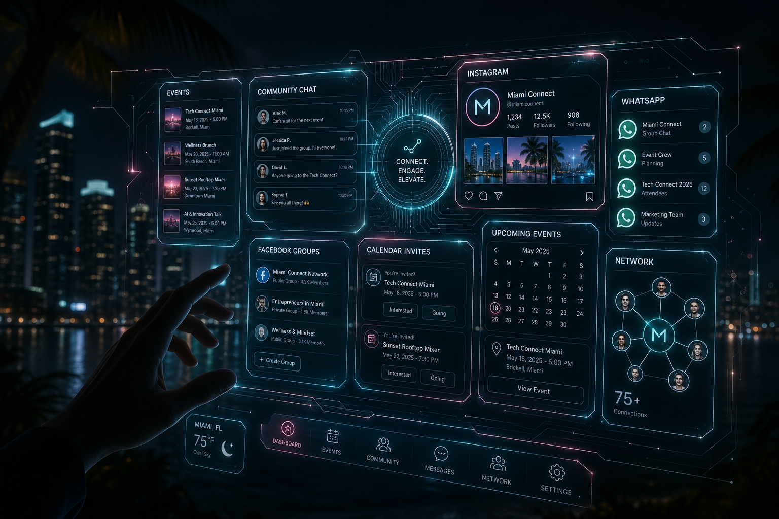 Holographic interface showing access to events, community chats, Instagram, WhatsApp, and Facebook groups
