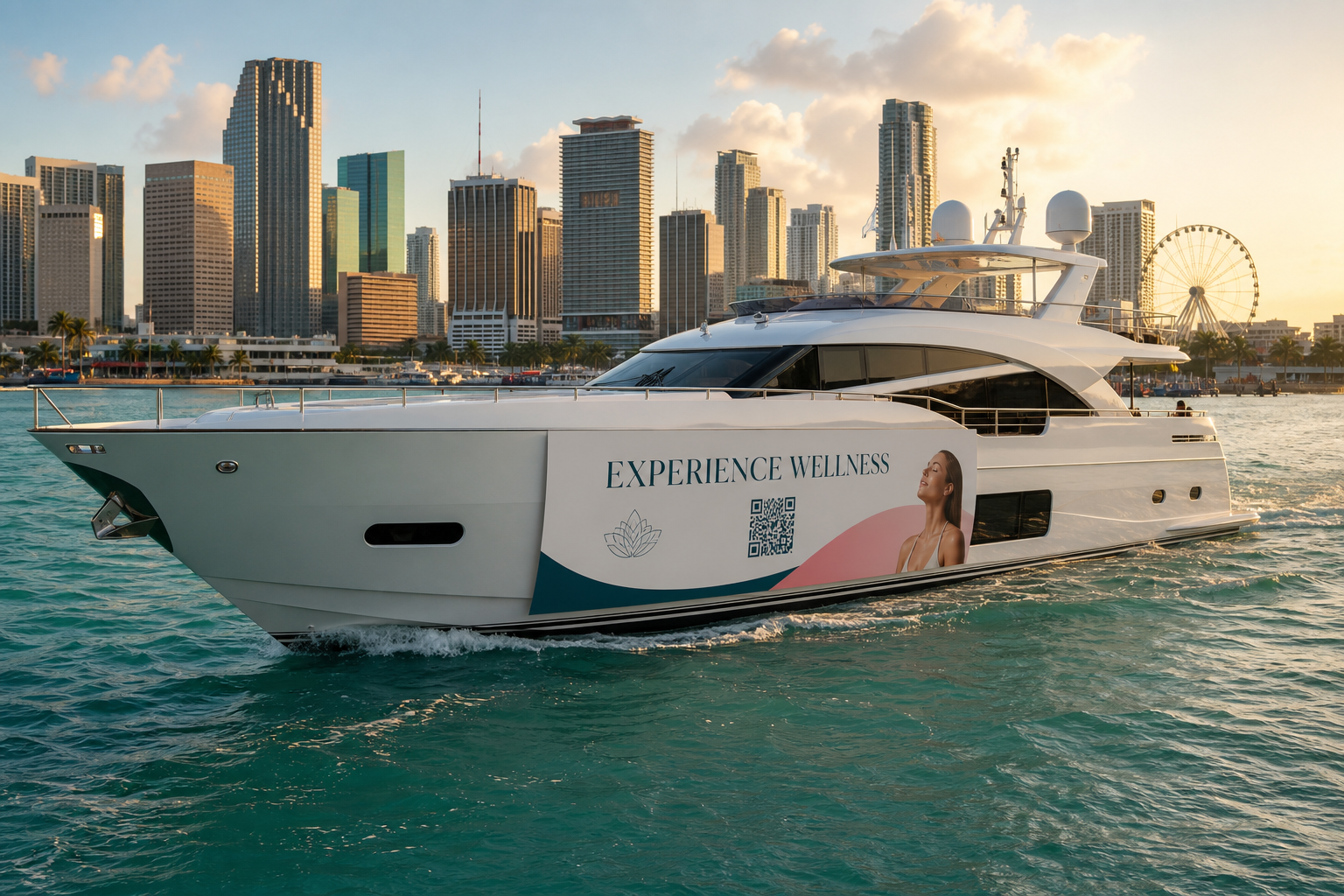 Luxury yacht with branded banner on Miami waters